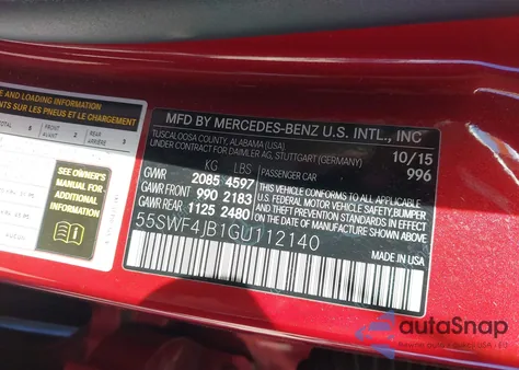 2016 Mercedes-Benz C 300 from USA, damaged, VIN 55SWF4JB1GU112140